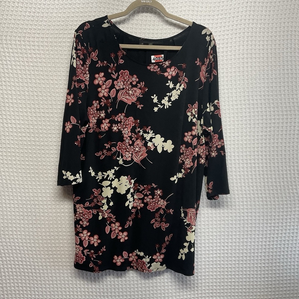 J.Jill Wearever Jersey Tunic Top Women's Size 2X Black Pink Botanical Floral